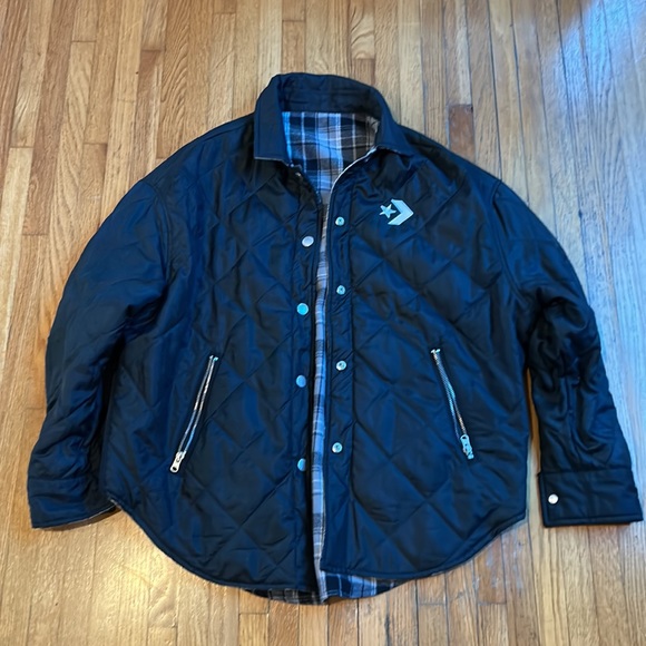 Converse Flannel Reversible Quilted Snap Button Jacket Grey / Blk Mens SM - Picture 2 of 8